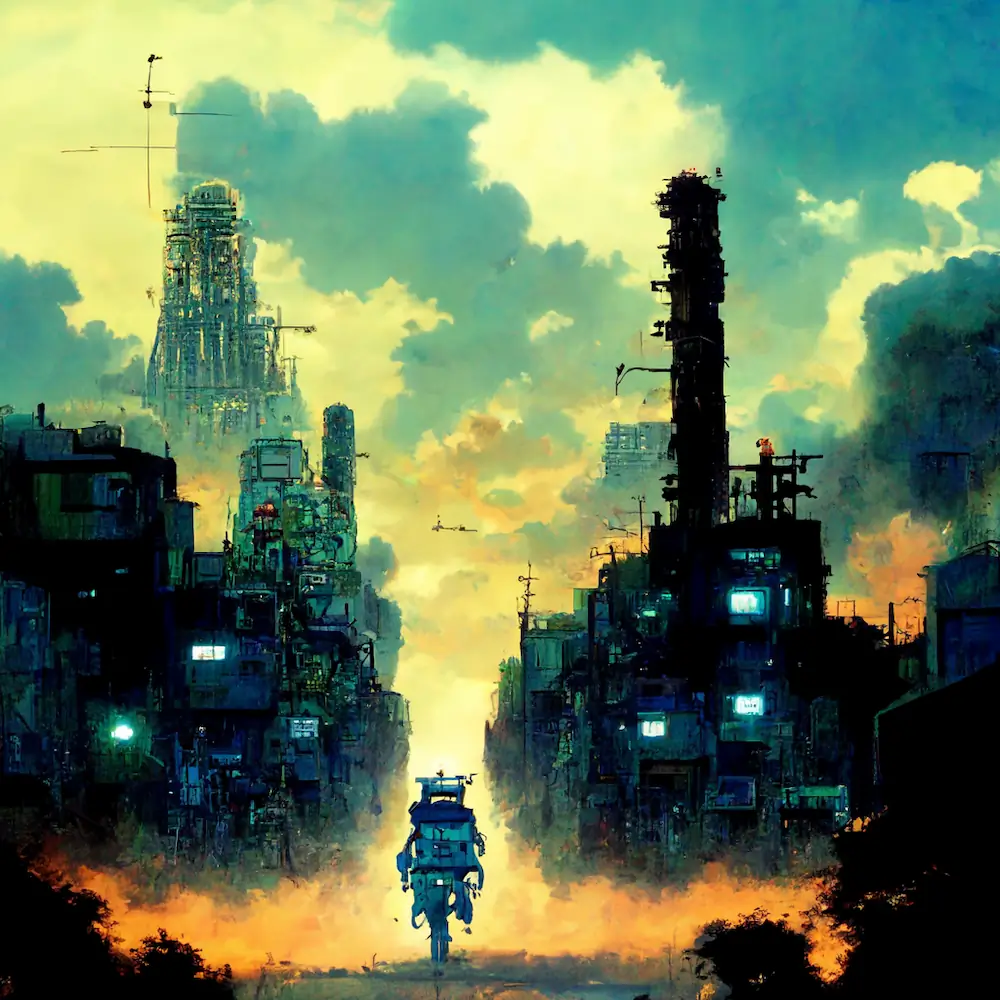 in the stlye of eiichiro oda, mech warrior, robot, cityscape --s 5000 --v3