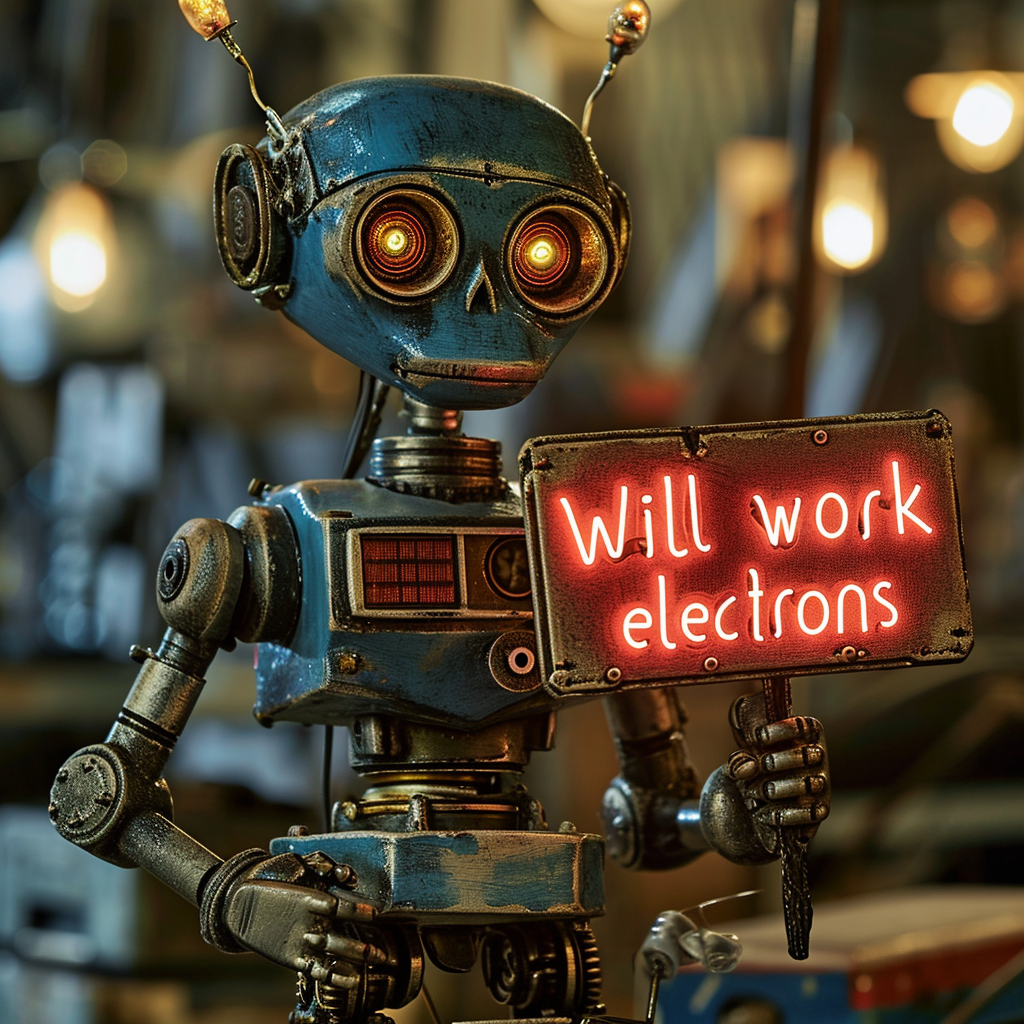 a robot holding a neon sign with the words Will work for electrons